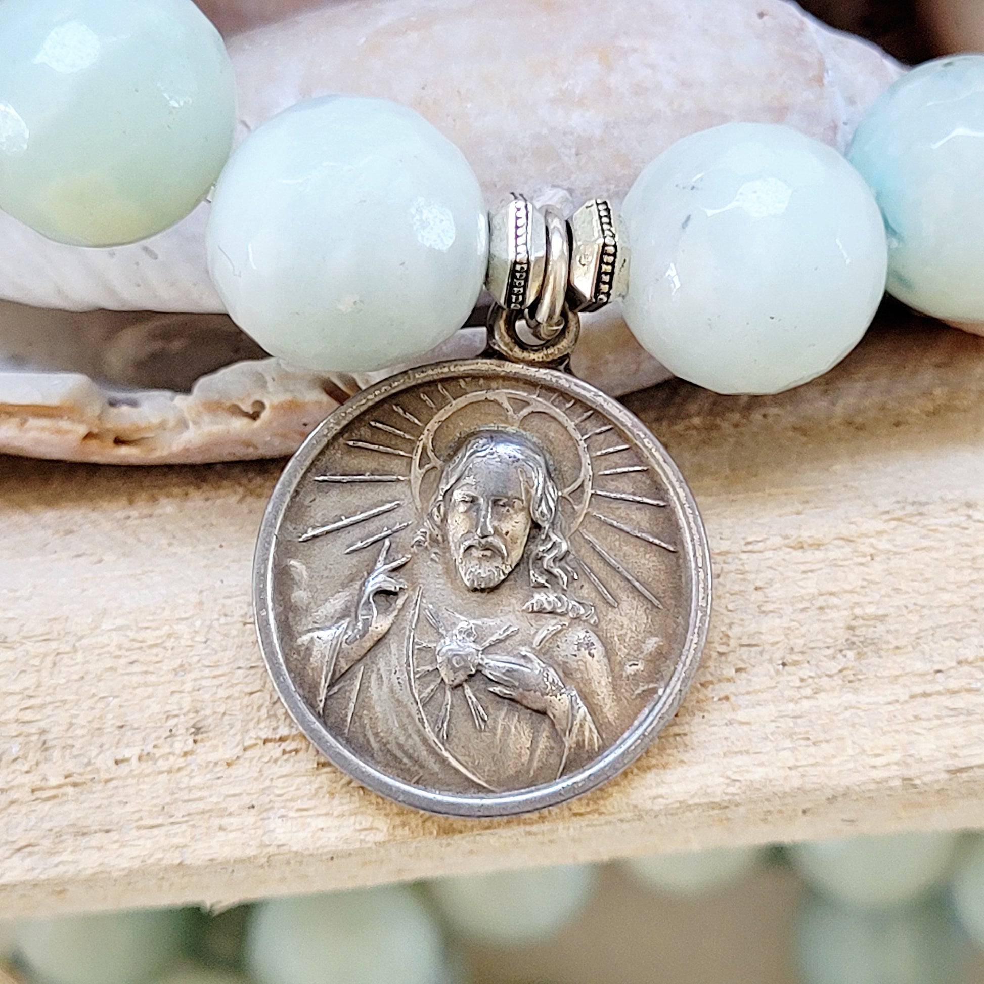 Amazonite Faceted 12mm Beaded Bracelet w/ The Sacred Heart of Jesus + Our Lady of Mt. Carmel Medal - Afterlife Jewelry Designs