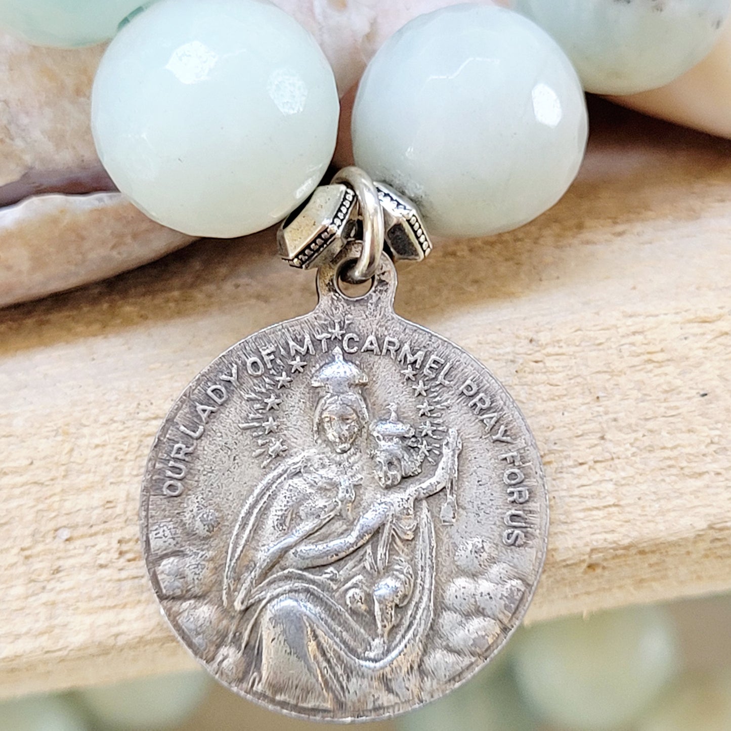 Amazonite Faceted 12mm Beaded Bracelet w/ The Sacred Heart of Jesus + Our Lady of Mt. Carmel Medal - Afterlife Jewelry Designs