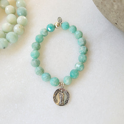 Brazilian Amazonite Faceted 10mm Beaded Bracelet w/ Embossed Medal of St. Jude Thaddeus - Afterlife Jewelry Designs