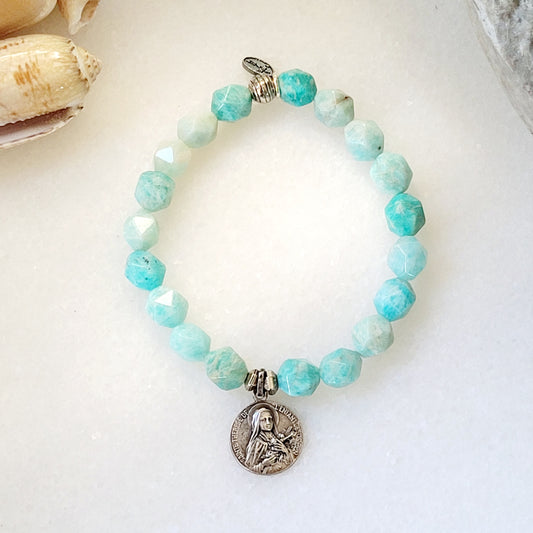 Brazilian Amazonite Faceted 10mm Beaded Bracelet w/ St. Therese of Lisieux Medal - Afterlife Jewelry Designs