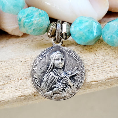 Brazilian Amazonite Faceted 10mm Beaded Bracelet w/ St. Therese of Lisieux Medal - Afterlife Jewelry Designs