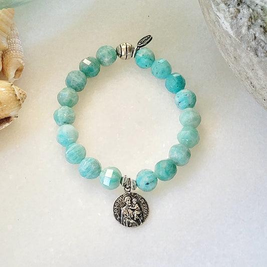 Brazilian Amazonite Faceted 10mm Beaded Bracelet w/ St. Joseph holding Infant Jesus Embossed Medal - Afterlife Jewelry Designs