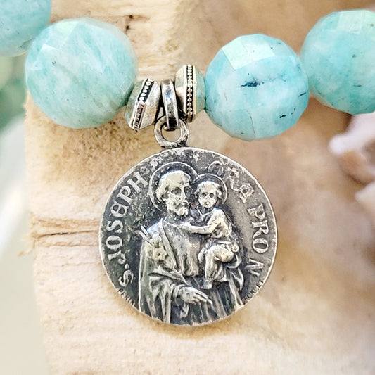 Brazilian Amazonite Faceted 10mm Beaded Bracelet w/ St. Joseph holding Infant Jesus Embossed Medal - Afterlife Jewelry Designs