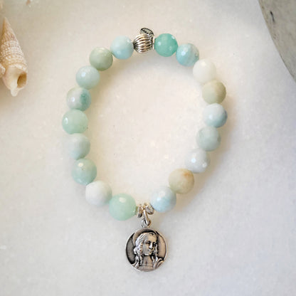 Amazonite Faceted 12mm Beaded Bracelet w/ Mary Magdalene Embossed Medal - Afterlife Jewelry Designs