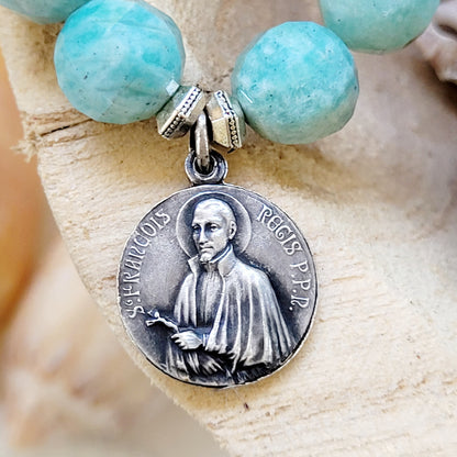 Brazilian Amazonite Faceted 10mm Beaded Bracelet w/ St. Francis Regis + Blessed Therese Couderc Embossed Medal - Afterlife Jewelry Designs