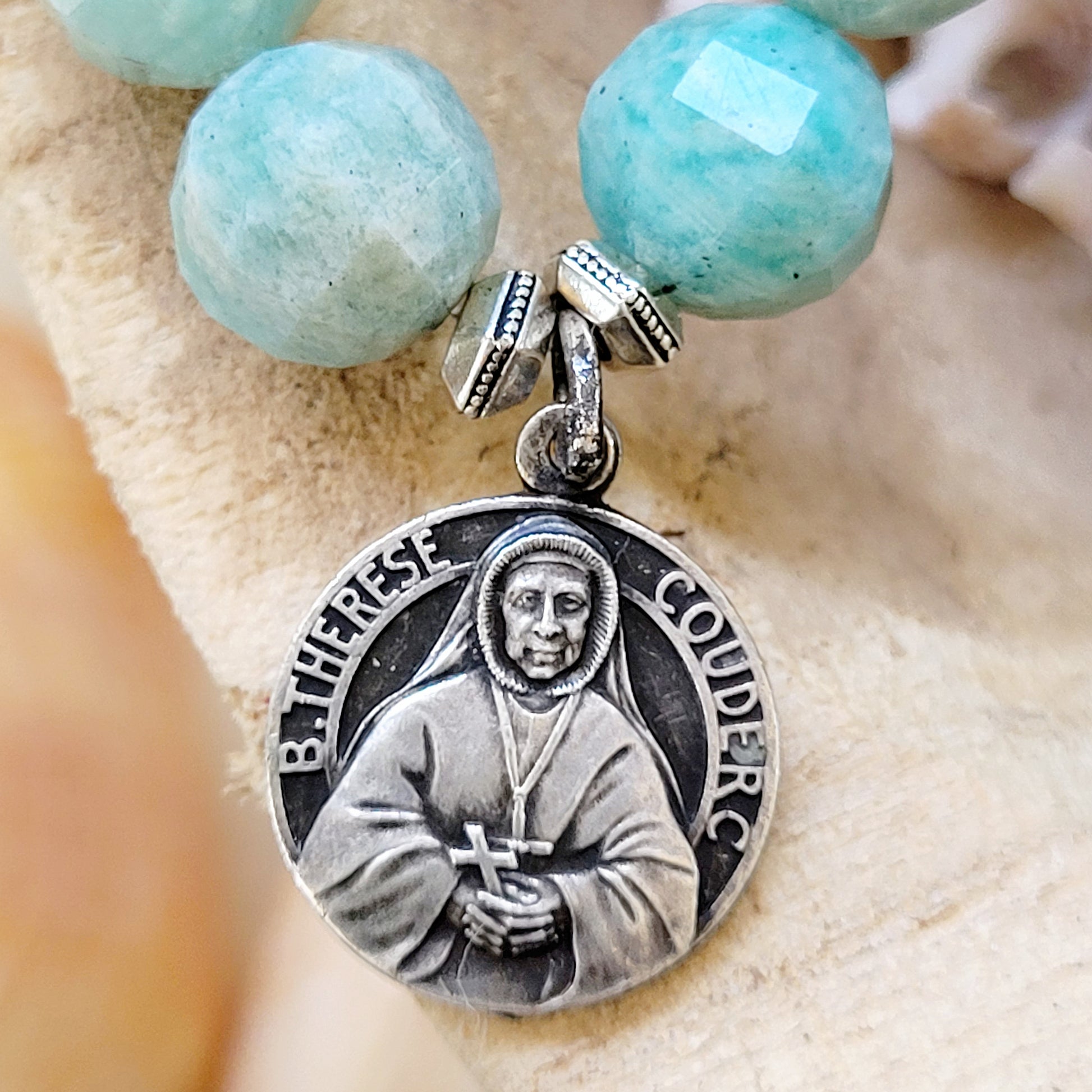 Brazilian Amazonite Faceted 10mm Beaded Bracelet w/ St. Francis Regis + Blessed Therese Couderc Embossed Medal - Afterlife Jewelry Designs