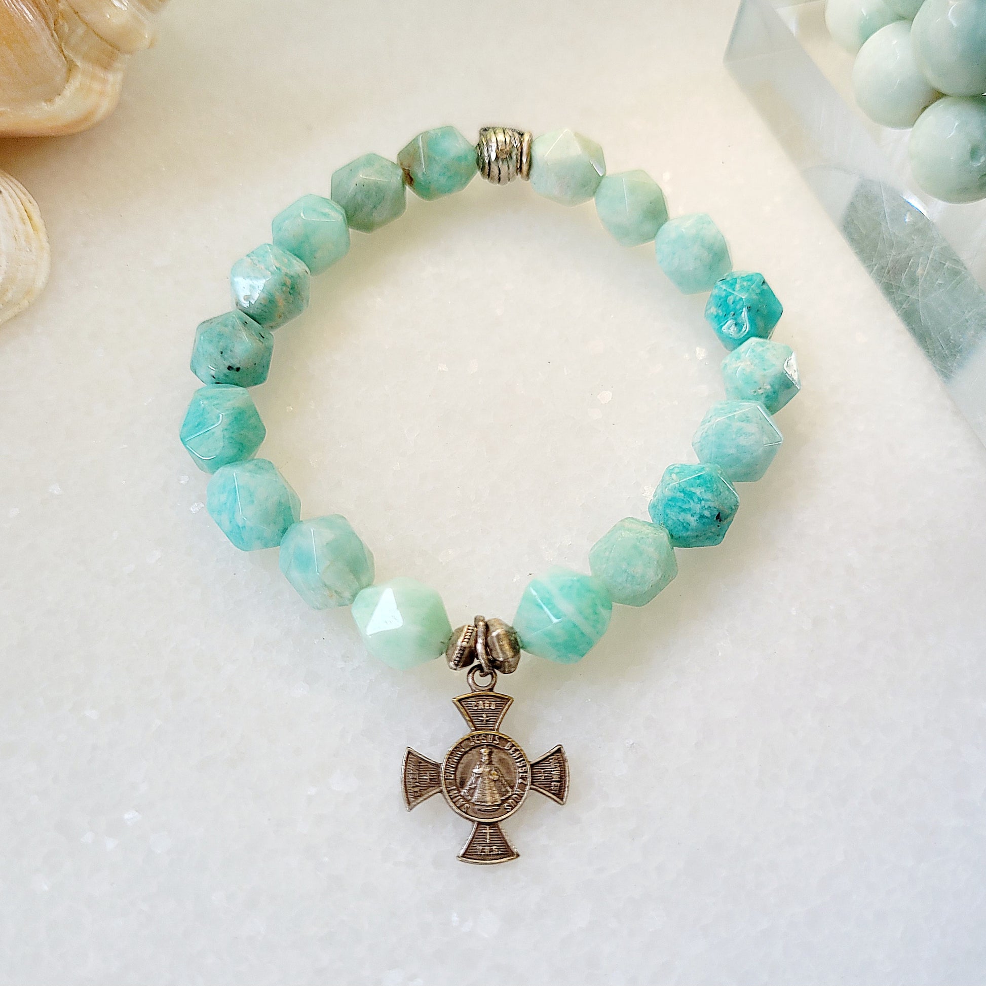 Brazilian Amazonite Faceted 10mm Beaded Bracelet w/ Maltese Cross Medal with The Infant of Prague - Afterlife Jewelry Designs