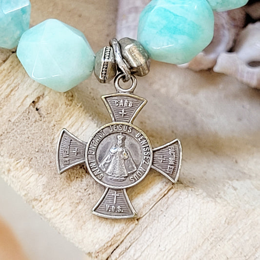 Brazilian Amazonite Faceted 10mm Beaded Bracelet w/ Maltese Cross Medal with The Infant of Prague - Afterlife Jewelry Designs