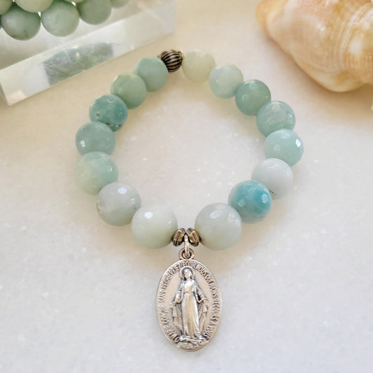 Amazonite Faceted 12mm Beaded Bracelet w/ Miraculous Mary French Medal - Afterlife Jewelry Designs