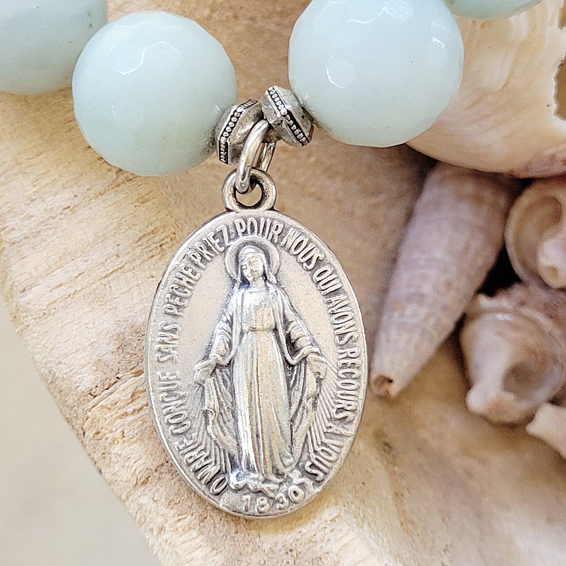 Amazonite Faceted 12mm Beaded Bracelet w/ Miraculous Mary French Medal - Afterlife Jewelry Designs