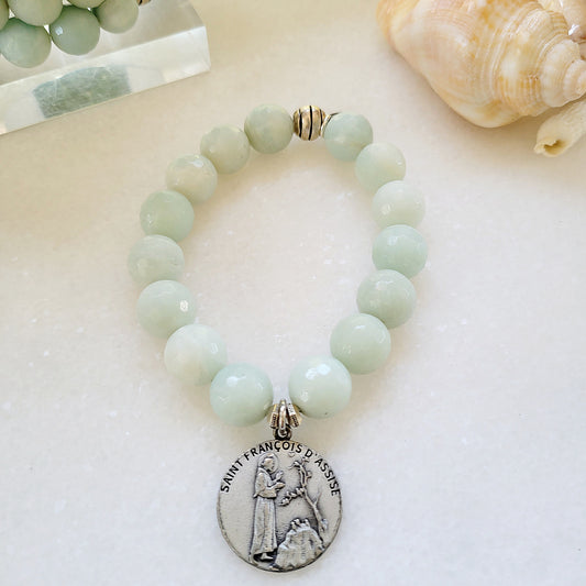 Amazonite Faceted 12mm Beaded Bracelet w/ Pope Francis + St. Francis of Assisi Medal - Afterlife Jewelry Designs