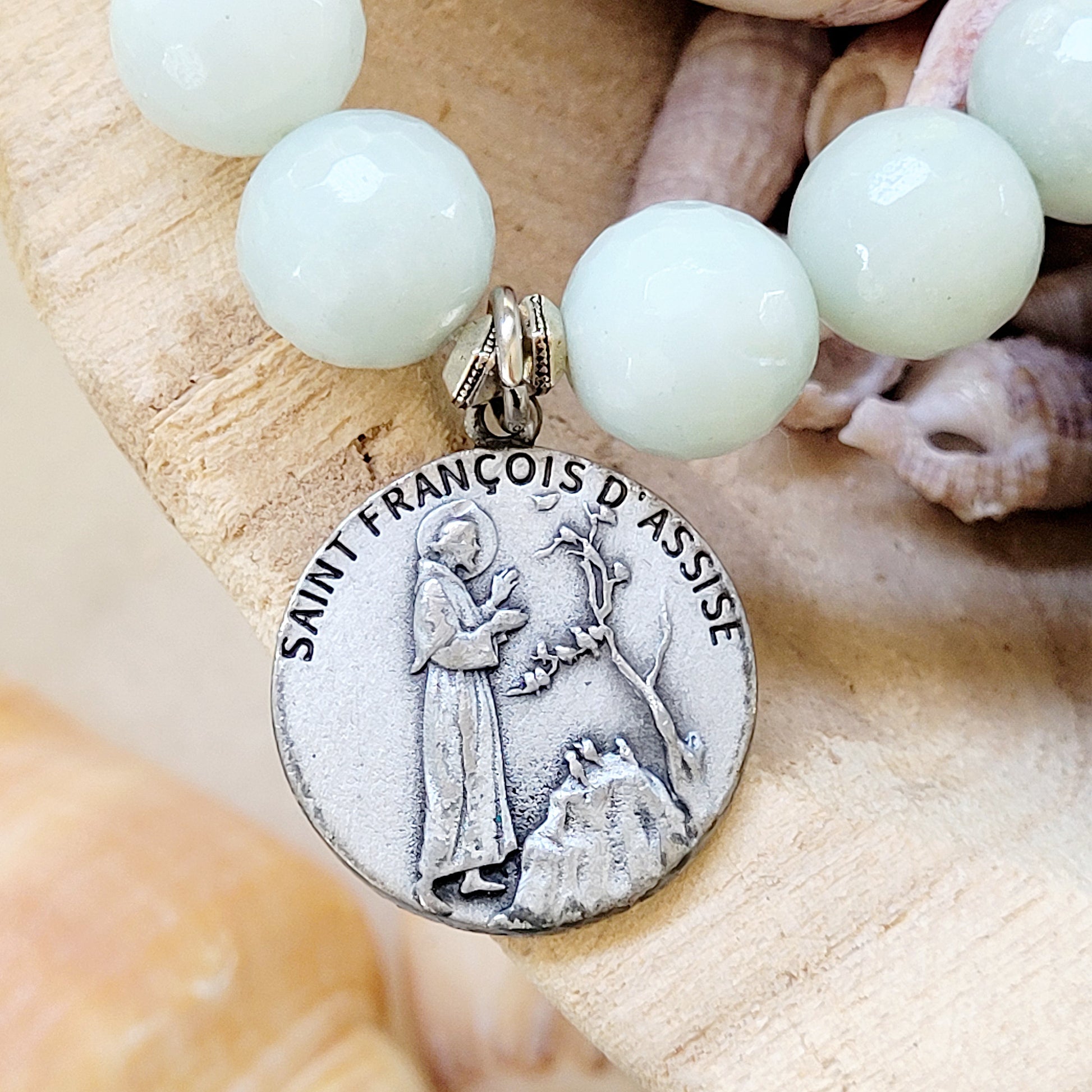 Amazonite Faceted 12mm Beaded Bracelet w/ Pope Francis + St. Francis of Assisi Medal - Afterlife Jewelry Designs