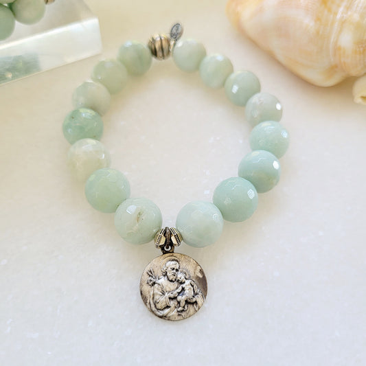 Amazonite Faceted 12mm Beaded Bracelet w/ St Joseph holding Jesus Medal from France - Afterlife Jewelry Designs