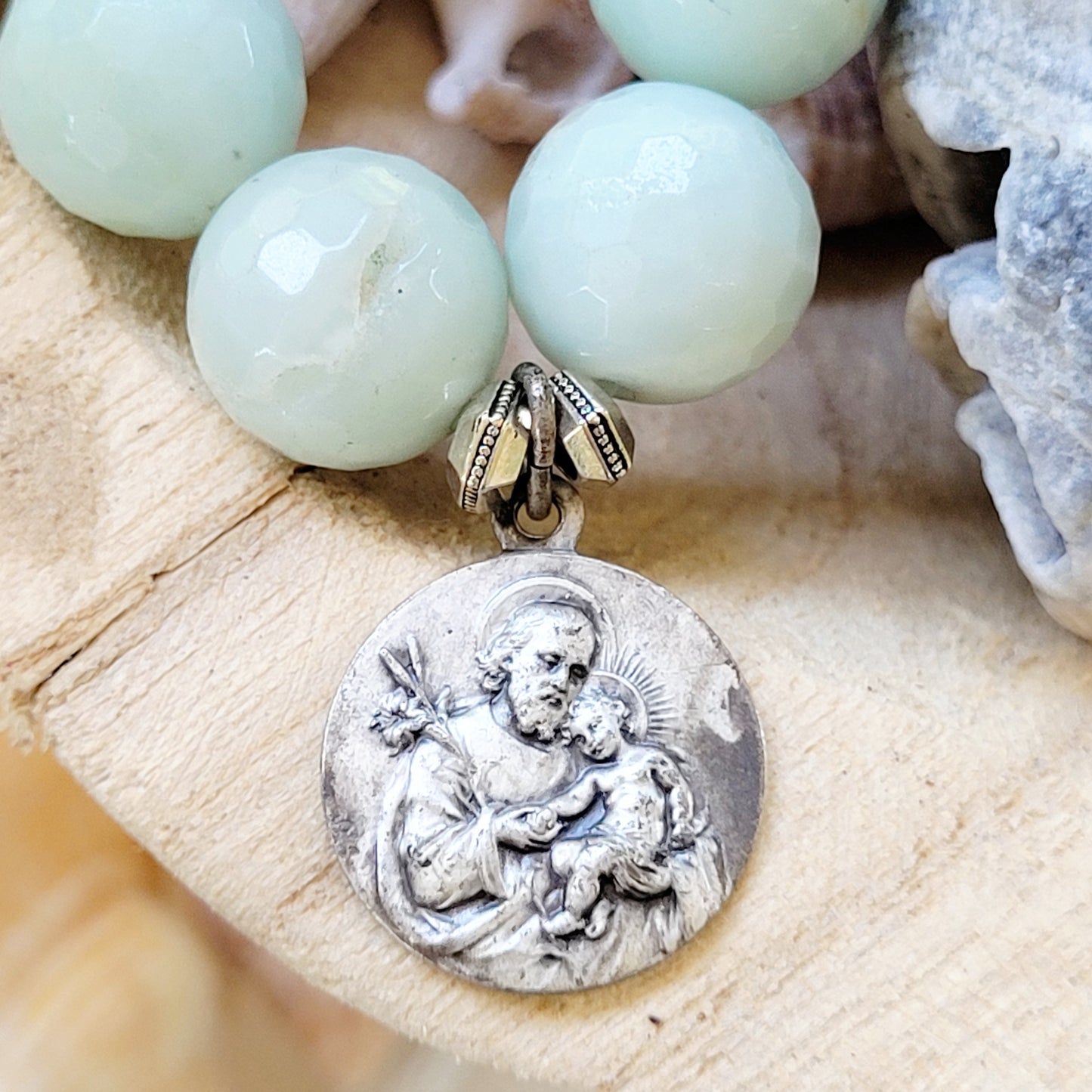 Amazonite Faceted 12mm Beaded Bracelet w/ St Joseph holding Jesus Medal from France - Afterlife Jewelry Designs