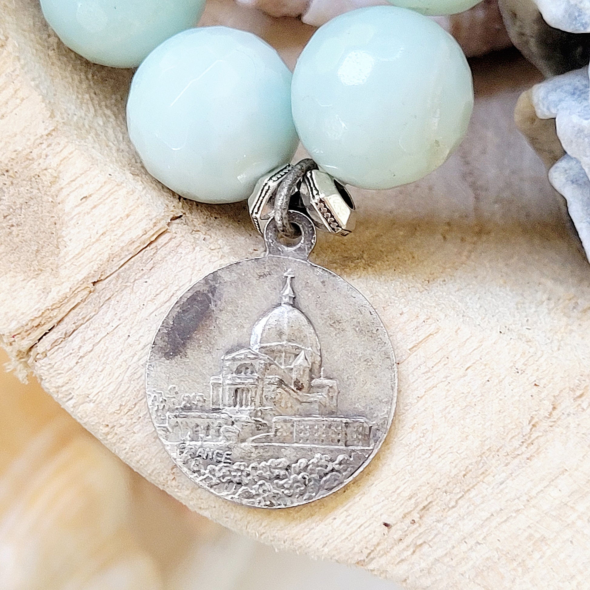 Amazonite Faceted 12mm Beaded Bracelet w/ St Joseph holding Jesus Medal from France - Afterlife Jewelry Designs
