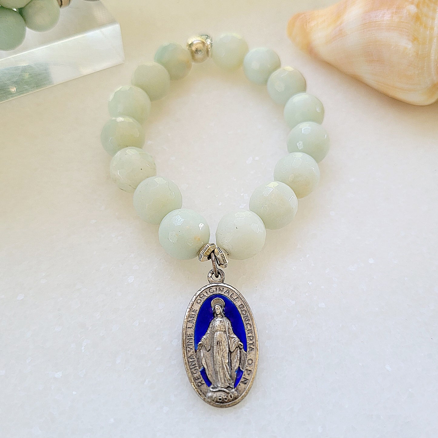 Amazonite Faceted 12mm Beaded Bracelet w/ Miraculous Medal of Mary Enameled Medal - Afterlife Jewelry Designs