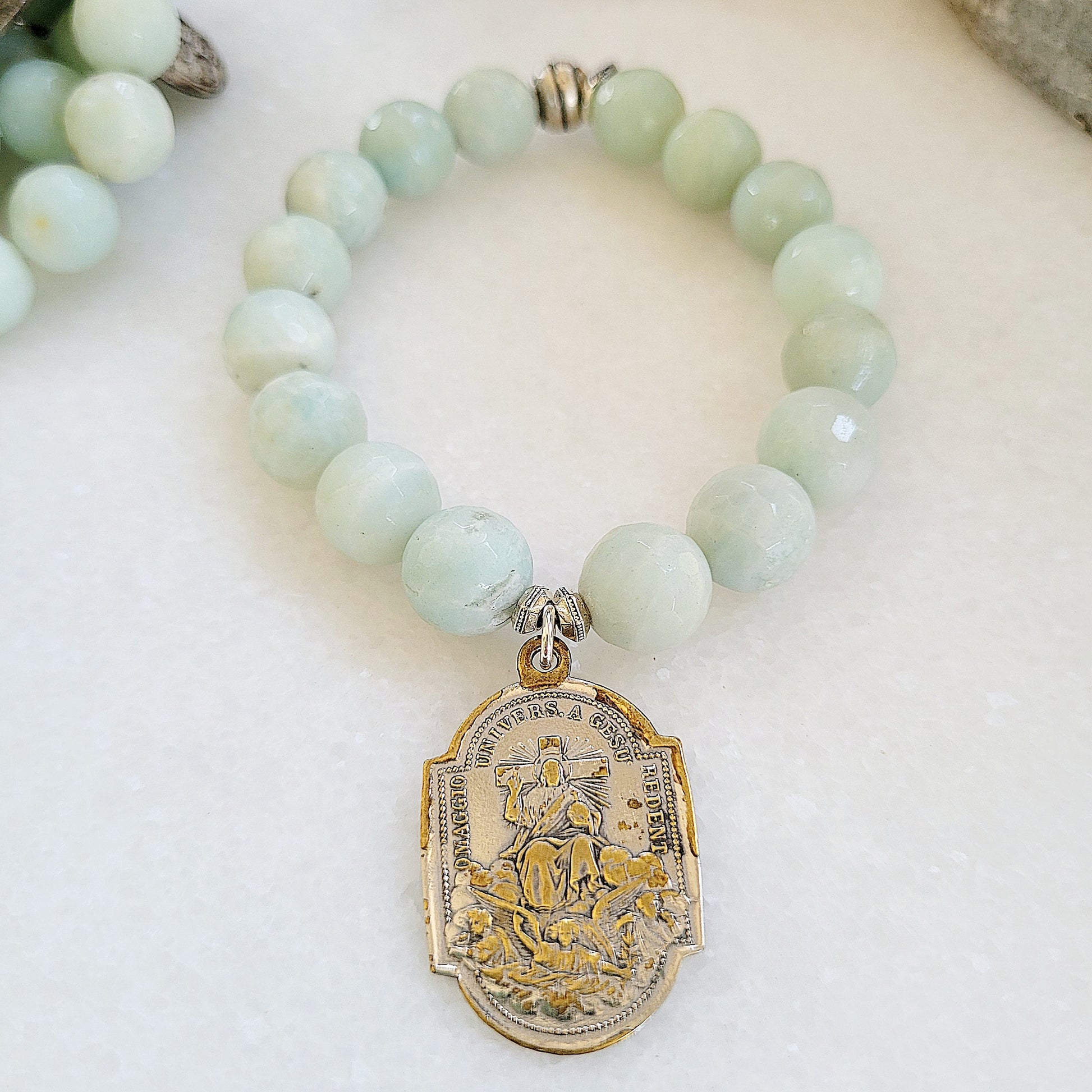 Amazonite Faceted 12mm Beaded Bracelet w/ Jesus on the Throne of the World Medal - Afterlife Jewelry Designs