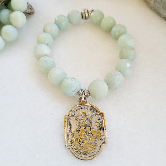 Amazonite Faceted 12mm Beaded Bracelet w/ Jesus on the Throne of the World Medal - Afterlife Jewelry Designs