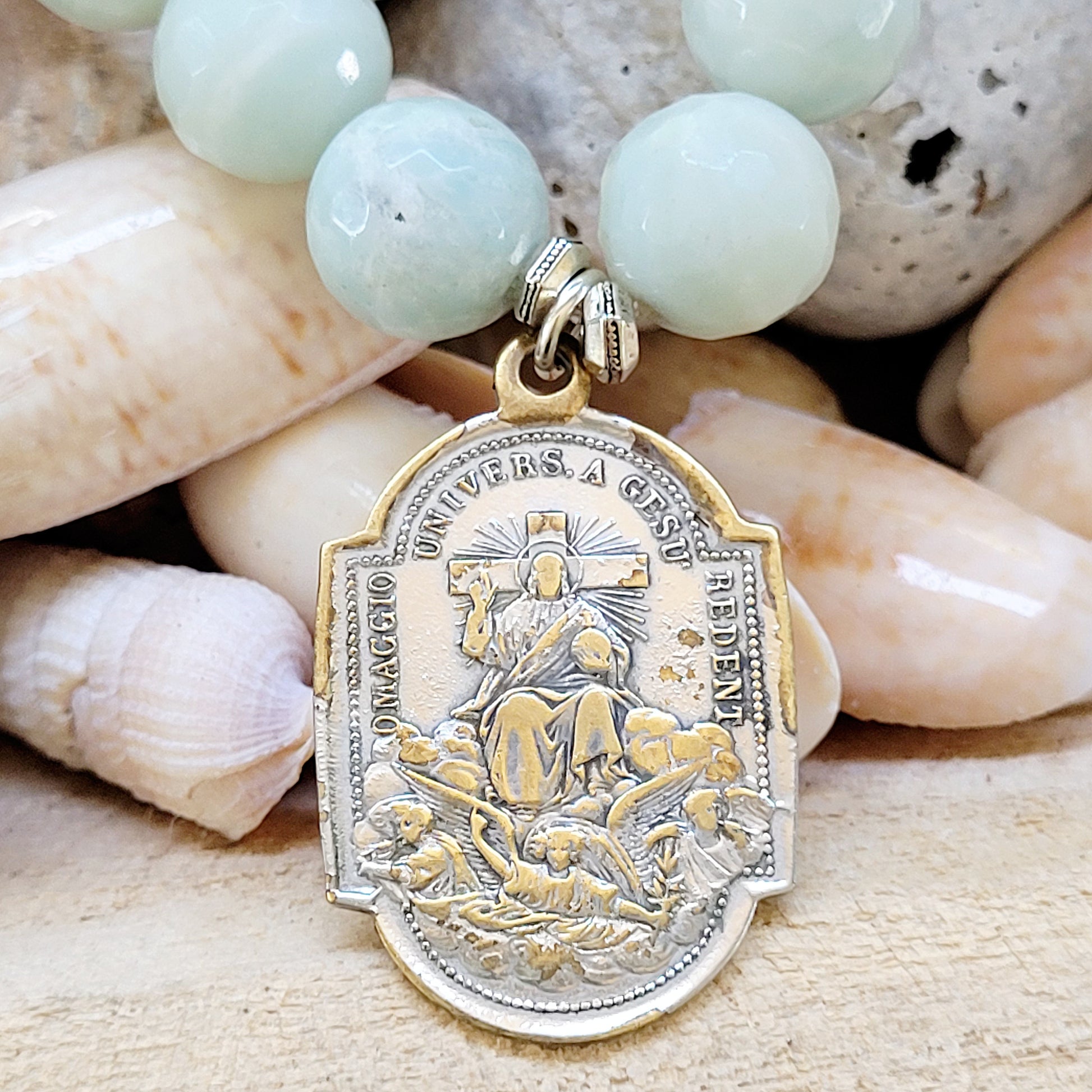 Amazonite Faceted 12mm Beaded Bracelet w/ Jesus on the Throne of the World Medal - Afterlife Jewelry Designs