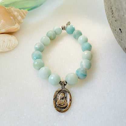 Amazonite Faceted 12mm Beaded Bracelet w/ The Virgin Mary/Infant of Prague Shrine Medal of Pilgrimage - Afterlife Jewelry Designs