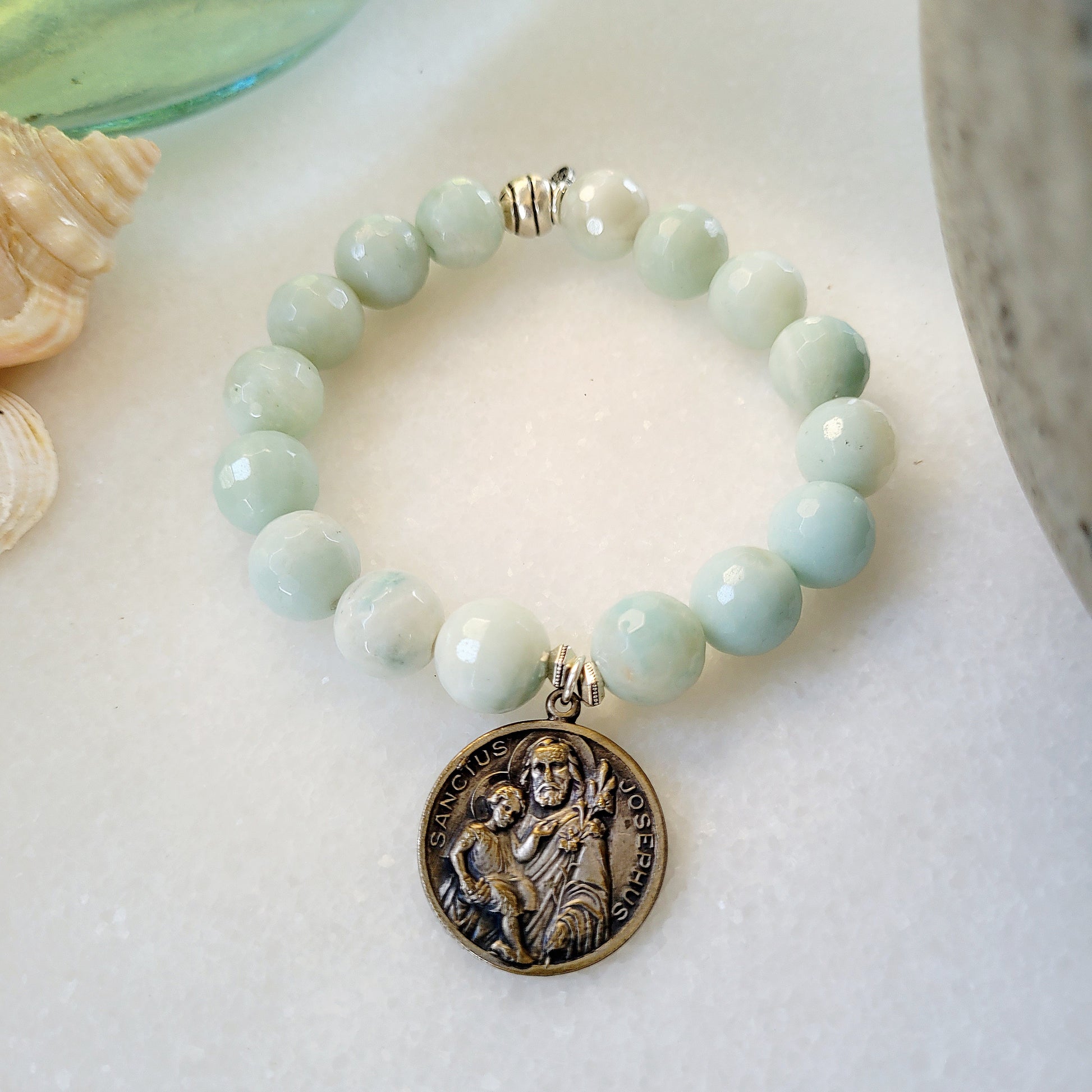 Amazonite Faceted 12mm Beaded Bracelet w/ St. Joseph holding the Child Jesus - Afterlife Jewelry Designs