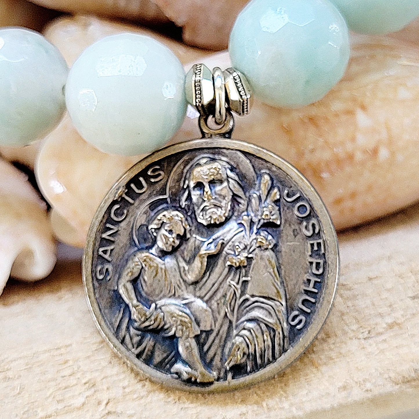 Amazonite Faceted 12mm Beaded Bracelet w/ St. Joseph holding the Child Jesus - Afterlife Jewelry Designs