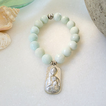 Amazonite Faceted 12mm Beaded Bracelet w/ Mary holding the Child Jesus - Afterlife Jewelry Designs