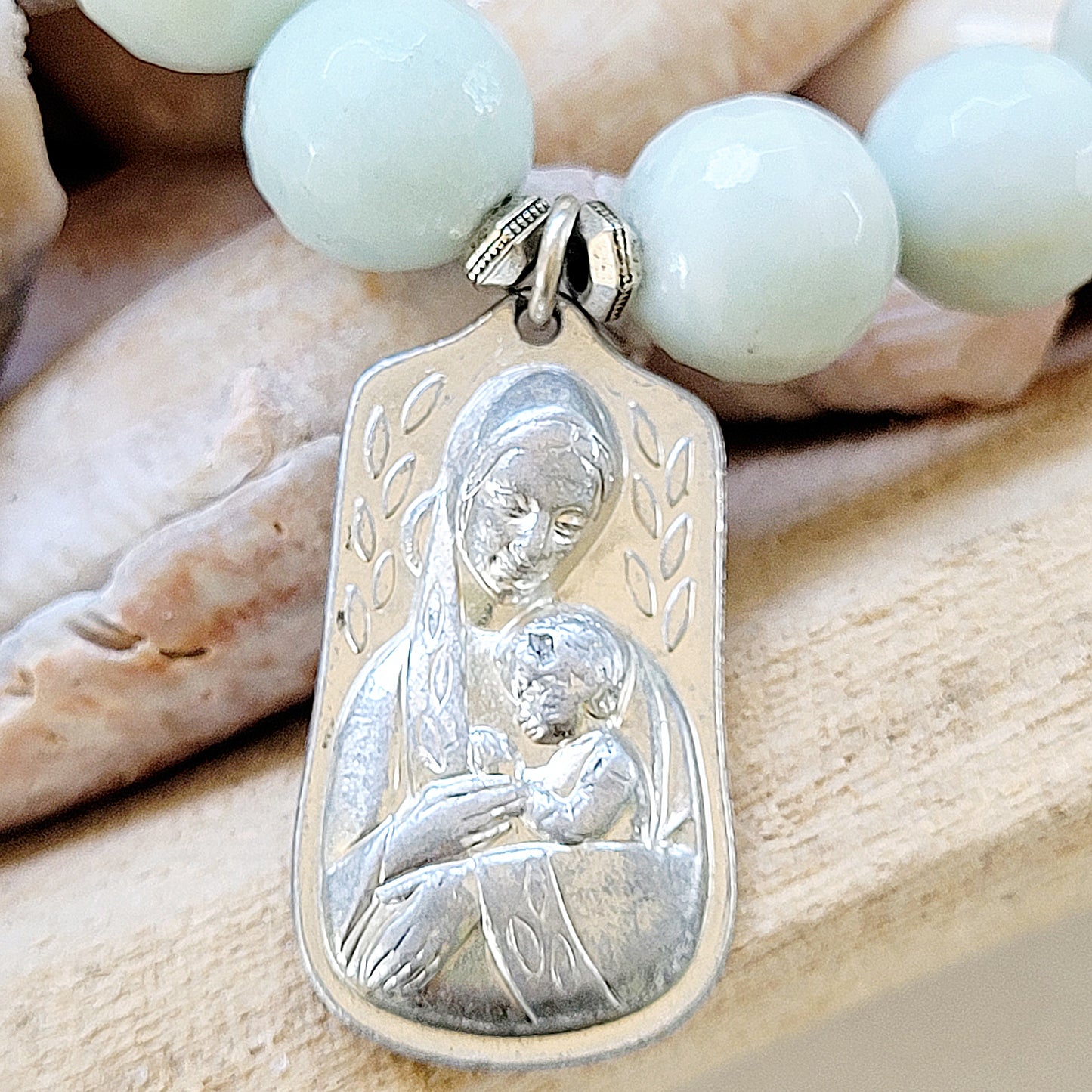 Amazonite Faceted 12mm Beaded Bracelet w/ Mary holding the Child Jesus - Afterlife Jewelry Designs