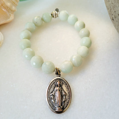Amazonite Faceted 12mm Beaded Bracelet w/ Miraculous Medal of Mary - Afterlife Jewelry Designs