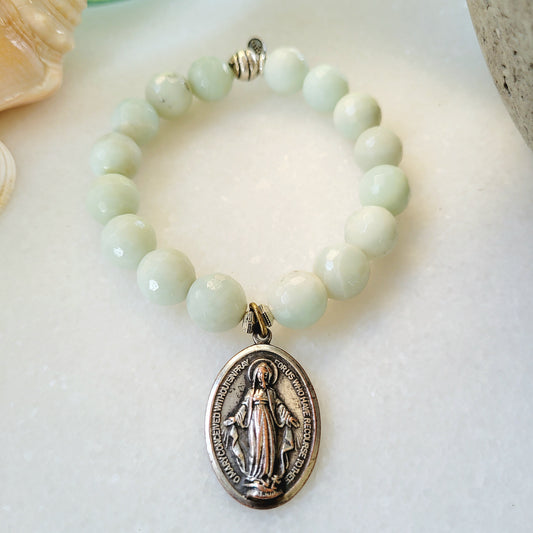 Amazonite Faceted 12mm Beaded Bracelet w/ Miraculous Medal of Mary - Afterlife Jewelry Designs