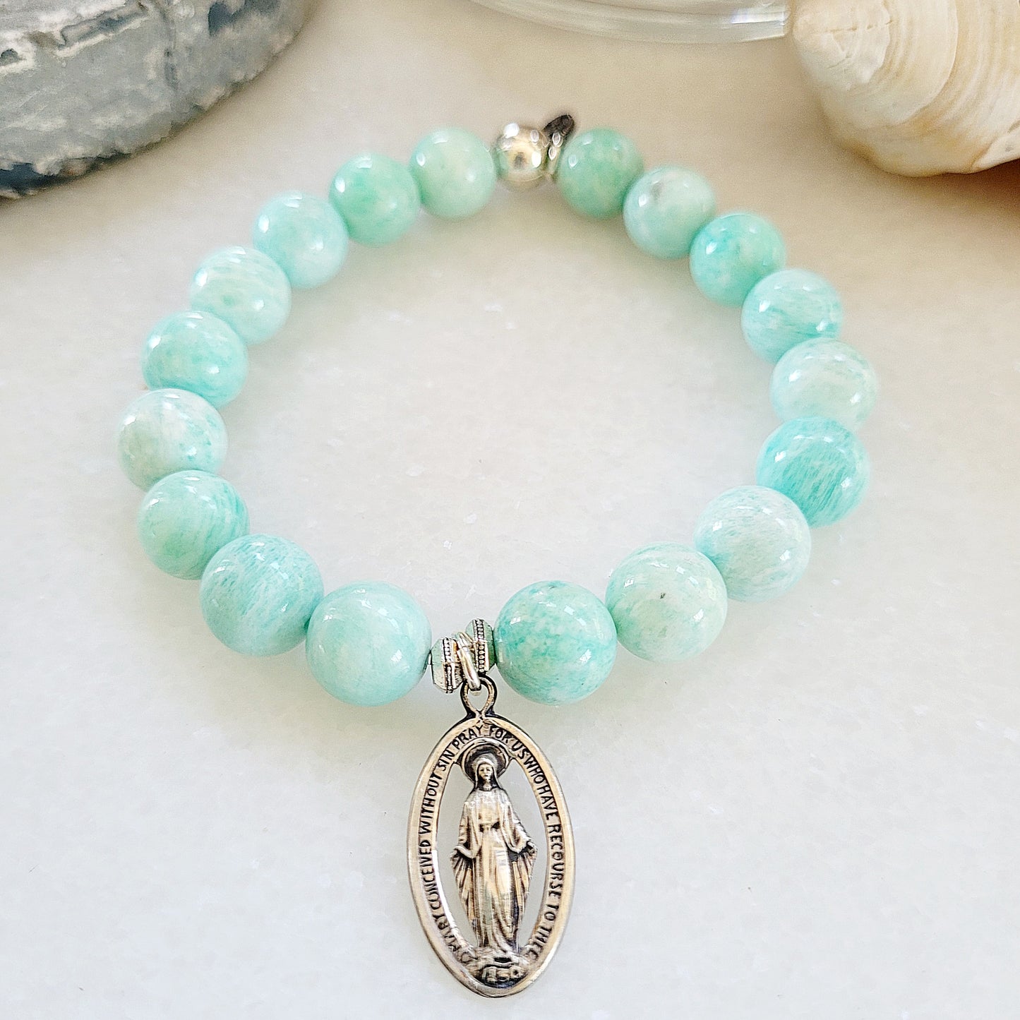 Brazilian Amazonite 12mm Beaded Bracelet w/ Cut Out Medal of Miraculous Mary - Afterlife Jewelry Designs