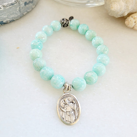 Brazilian Amazonite 12mm Beaded Bracelet w/ Rare St. Wenceslaus Medal - Afterlife Jewelry Designs