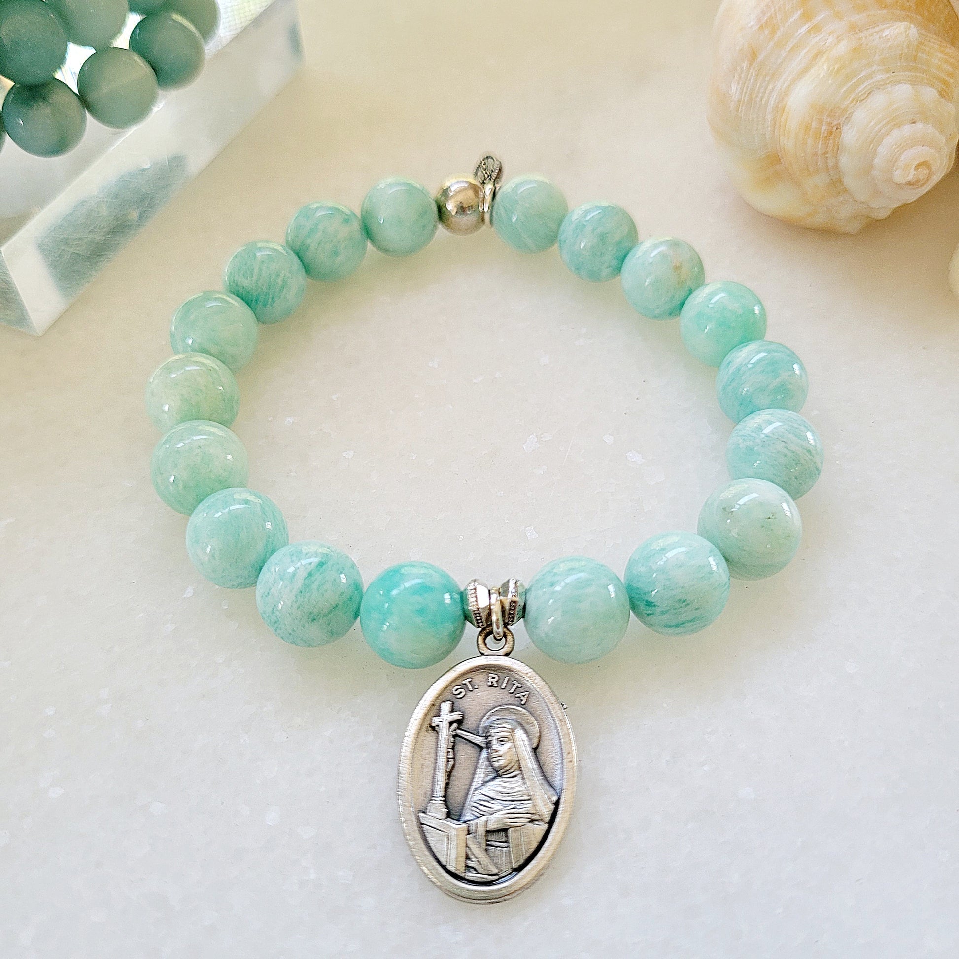 Brazilian Amazonite 12mm Beaded Bracelet w/ Saint Rita Medal - Afterlife Jewelry Designs