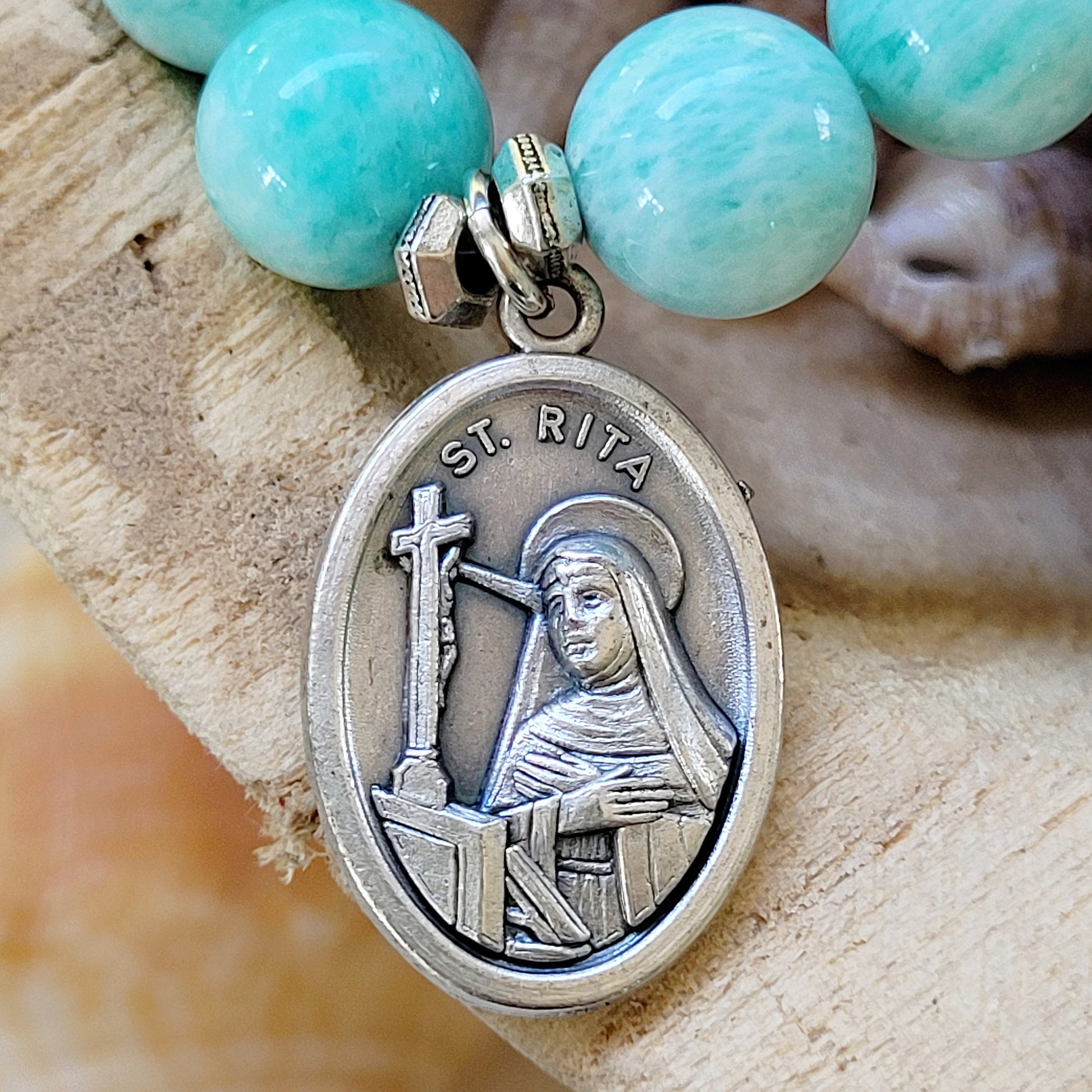 Brazilian Amazonite 12mm Beaded Bracelet w/ Saint Rita Medal - Afterlife Jewelry Designs