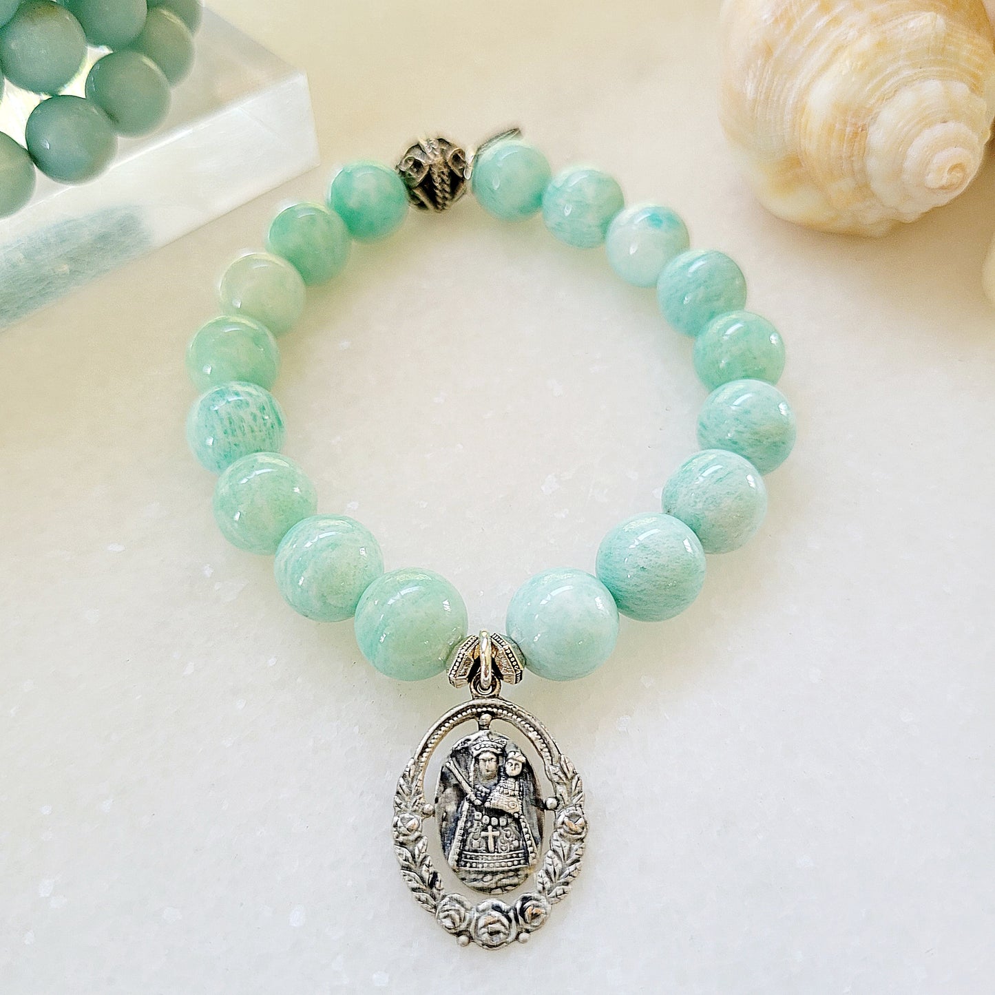 Brazilian Amazonite 12mm Beaded Bracelet w/ Unique Virgin Mary Cut Out Medal - Afterlife Jewelry Designs