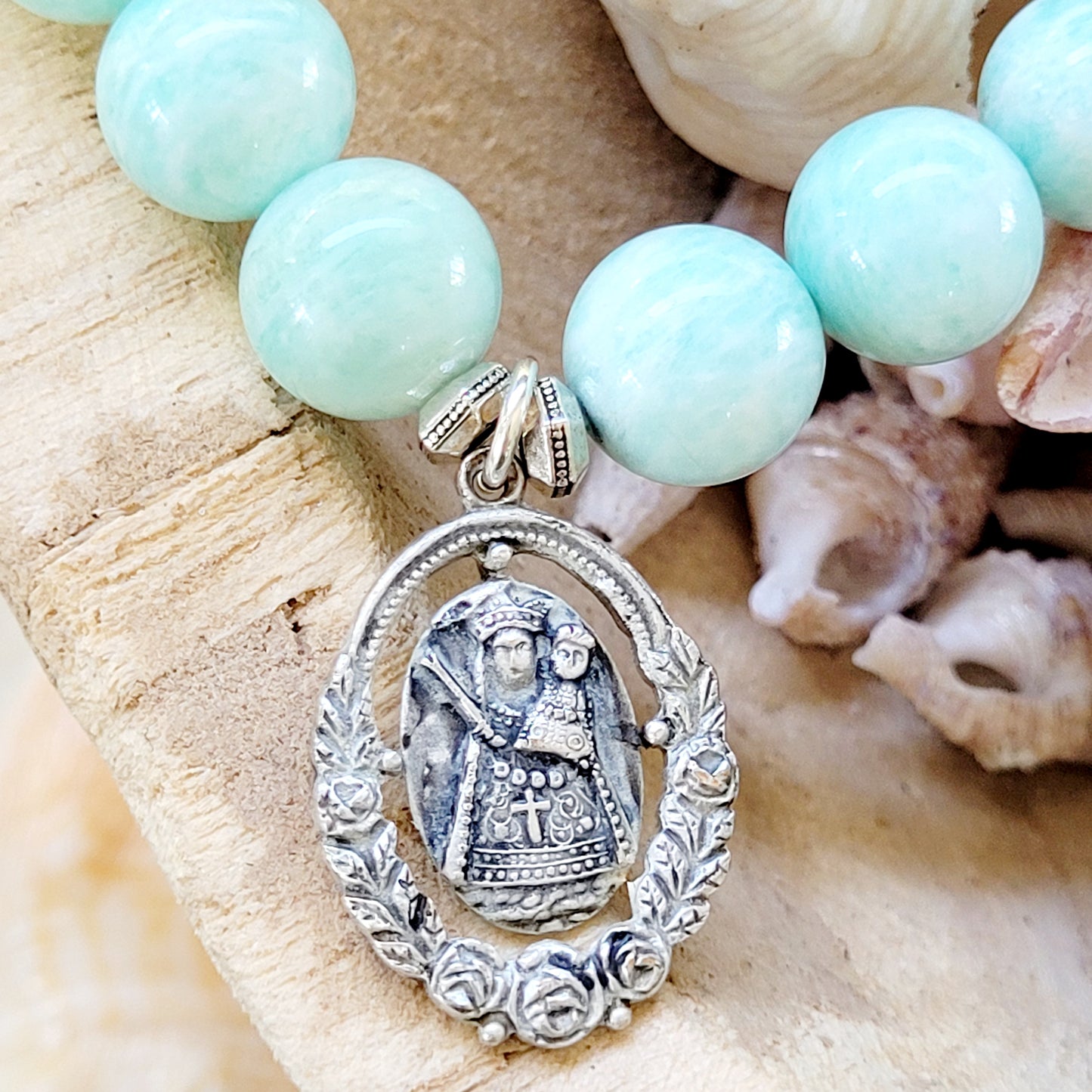 Brazilian Amazonite 12mm Beaded Bracelet w/ Unique Virgin Mary Cut Out Medal - Afterlife Jewelry Designs