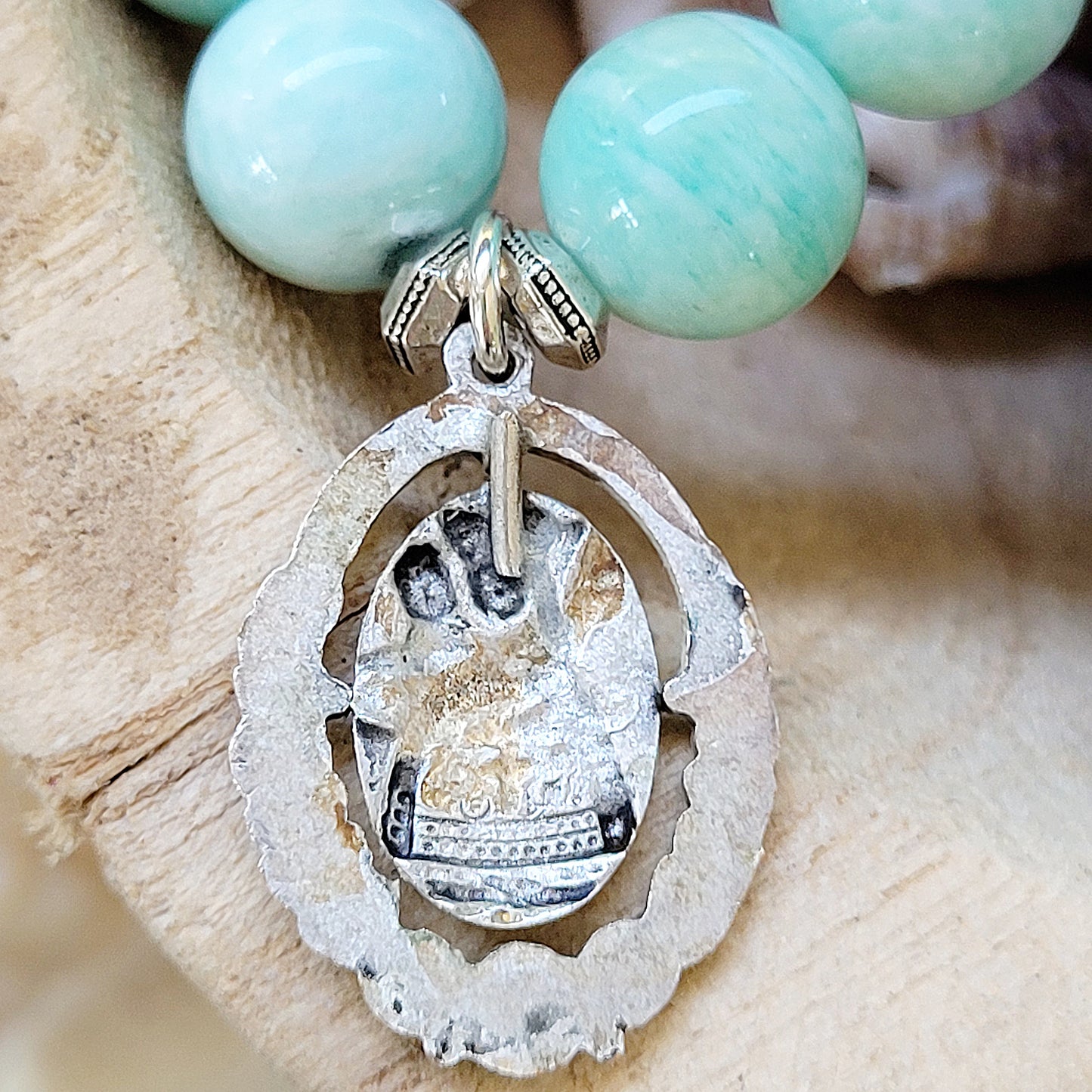 Brazilian Amazonite 12mm Beaded Bracelet w/ Unique Virgin Mary Cut Out Medal - Afterlife Jewelry Designs