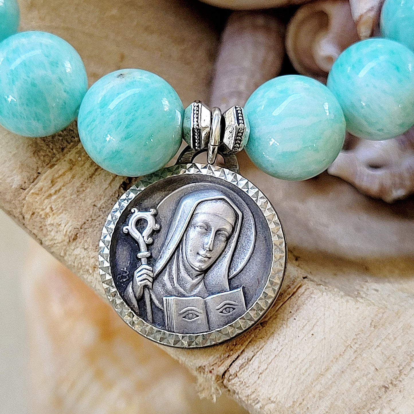 Brazilian Amazonite 12mm Beaded Bracelet w/ St. Odile of Alsace Religious Medal - Afterlife Jewelry Designs