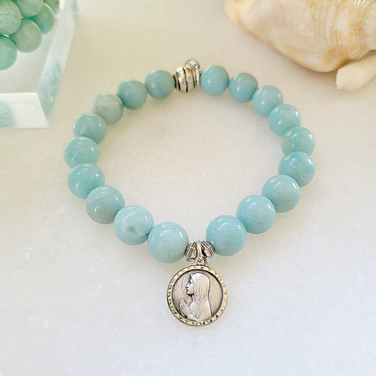 Brazilian Amazonite 12mm Smooth Beaded Bracelet w/ Our Lady of Lourdes Medal - Afterlife Jewelry Designs