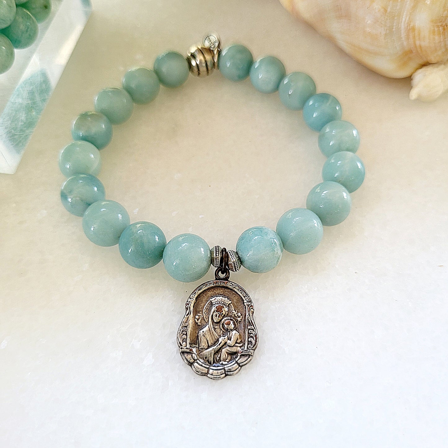 Brazilian Amazonite 12mm Smooth Beaded Bracelet w/ Our Mother of Perpetual Help Medal - Afterlife Jewelry Designs