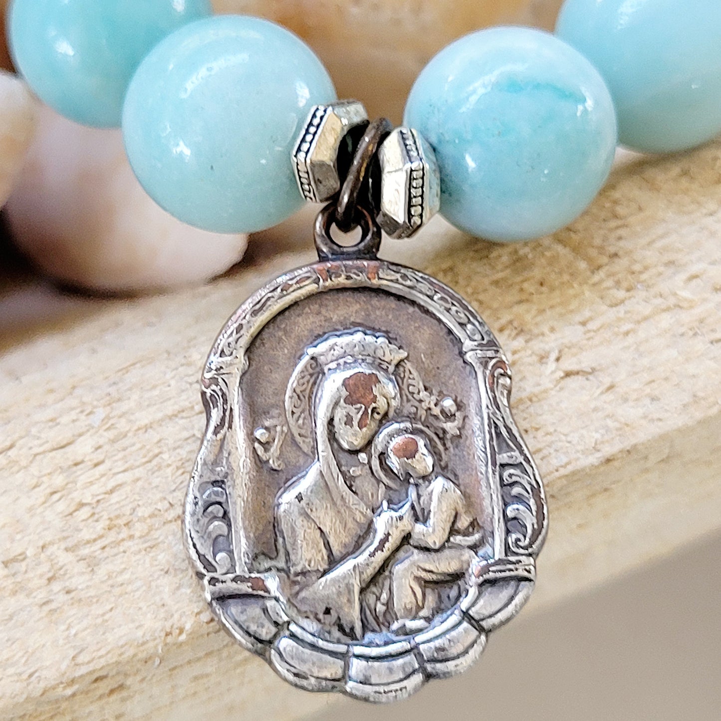 Brazilian Amazonite 12mm Smooth Beaded Bracelet w/ Our Mother of Perpetual Help Medal - Afterlife Jewelry Designs