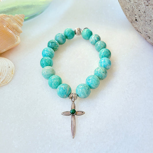 Brazilian Amazonite 12mm Beaded Bracelet w/ Sterling Silver Cross and Jade Accent - Afterlife Jewelry Designs