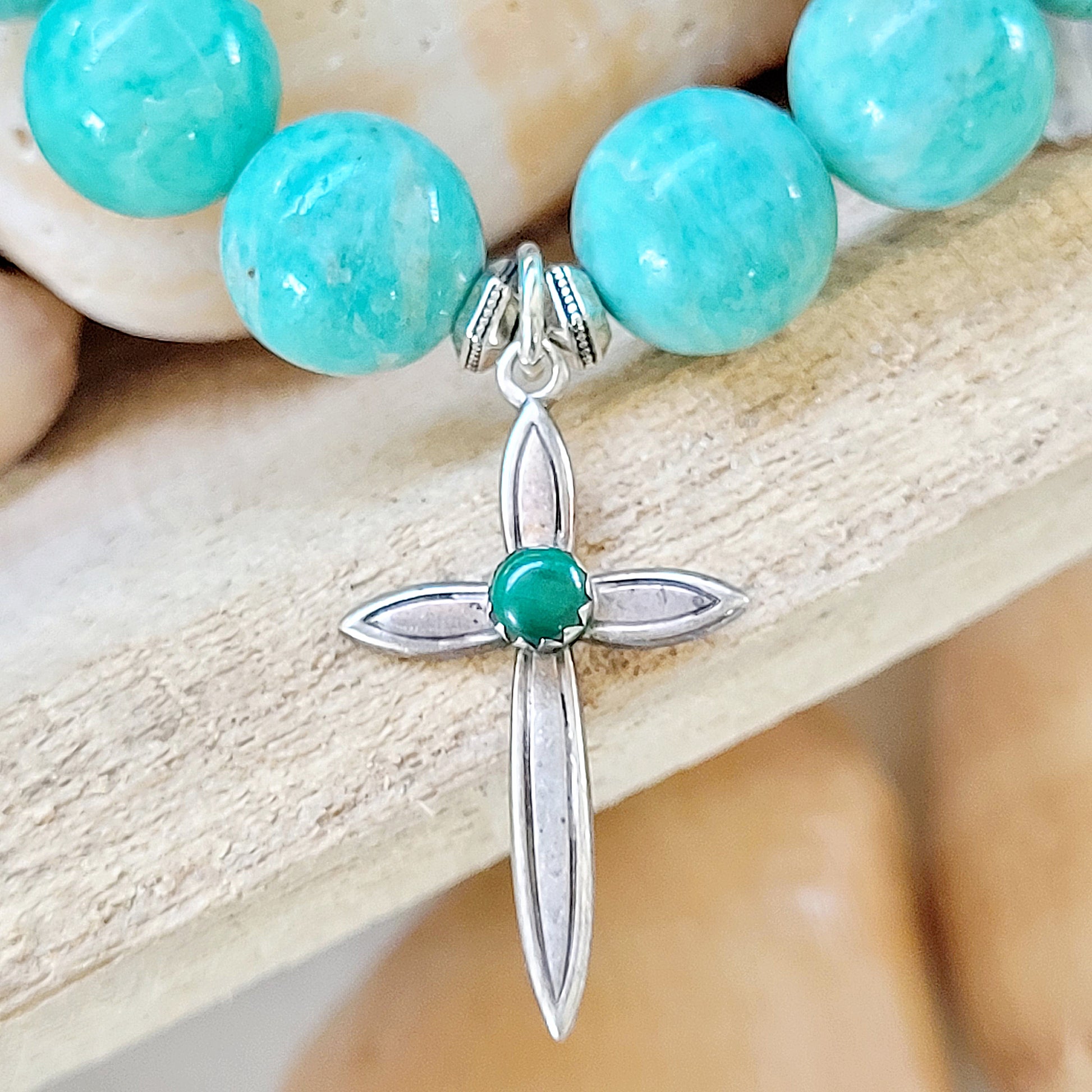 Brazilian Amazonite 12mm Beaded Bracelet w/ Sterling Silver Cross and Jade Accent - Afterlife Jewelry Designs