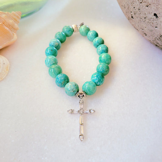 Brazilian Amazonite 12mm Beaded Bracelet w/ Sterling Silver Rhinestone Cross - Afterlife Jewelry Designs