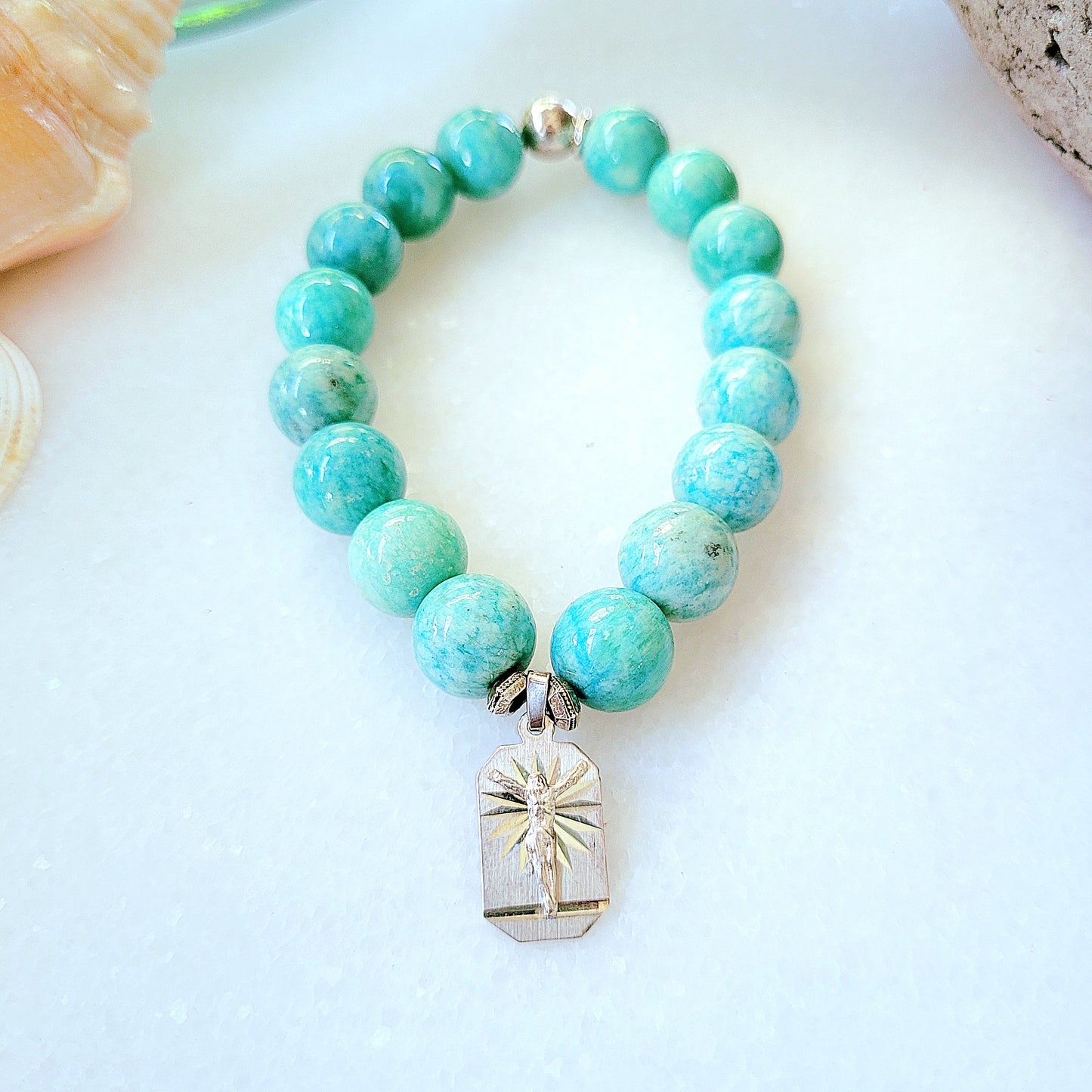 Brazilian Amazonite 12mm Beaded Bracelet w/ Medal of Jesus on the Cross in Sterling SIlver - Afterlife Jewelry Designs