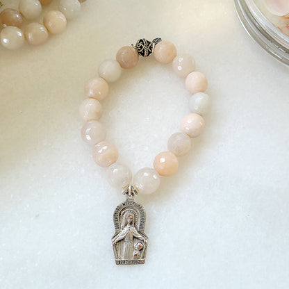 Peach Moonstone Faceted 14mm Beaded Bracelet w/ Our Lady of Mercy Silver Medal - Afterlife Jewelry Designs