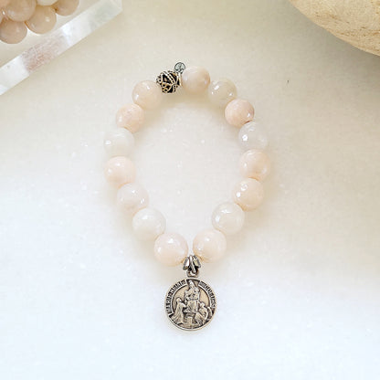 Peach Moonstone Faceted 12mm Beaded Bracelet w/ Mary Queen of Hearts Medal - Afterlife Jewelry Designs