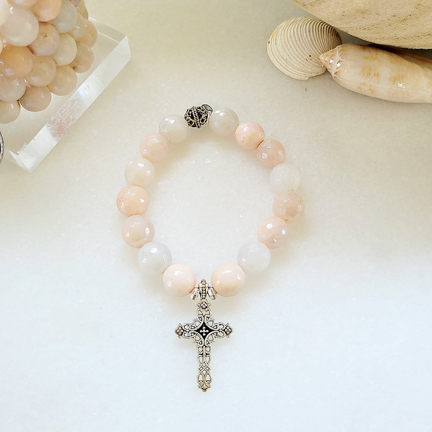 Peach Moonstone Faceted 12mm Beaded Bracelet w/ Silver Filigree Cross - Afterlife Jewelry Designs