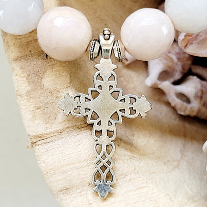 Peach Moonstone Faceted 12mm Beaded Bracelet w/ Silver Filigree Cross - Afterlife Jewelry Designs