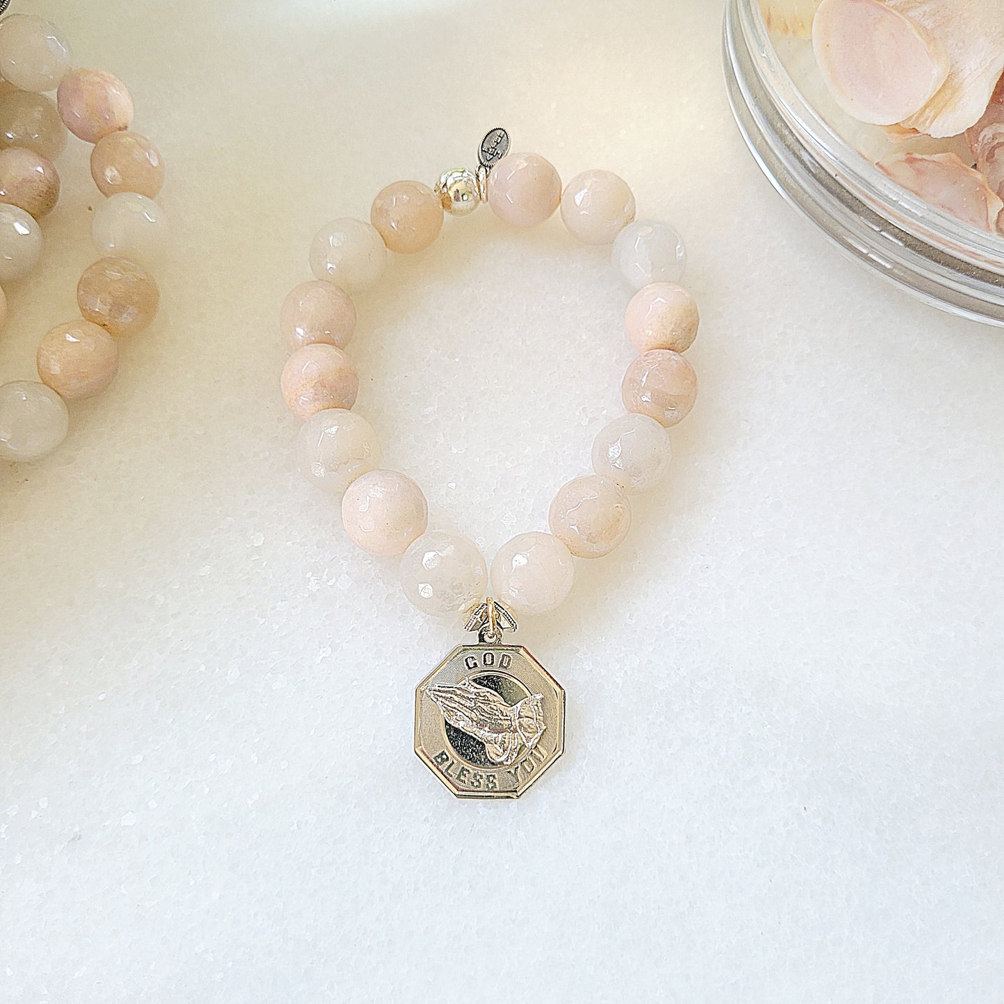Peach Moonstone Faceted 12mm Beaded Bracelet w/ Prayer Hands "God Bless You" Medal - Afterlife Jewelry Designs